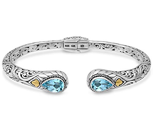 Image of DEVATA Sterling Silver 925 and 18K Gold with Blue Topaz Bali Filigree Cuff Bracelet DHK3595BT (Size M)