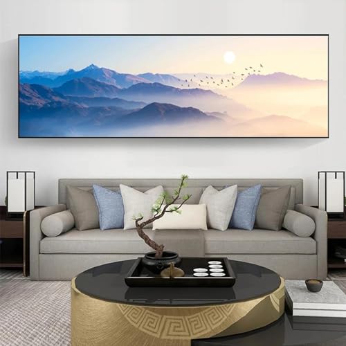 Peintures de paysage montagne bleue et oiseaux sur toile 55x165cm