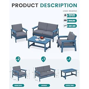 SERWALL HDPE Outdoor Furniture Set, 4 Piece All Weather Outdoor Sofa Set, Wood-Like Outdoor Sectional Couch, Patio Furniture Set for Porch Balcony Garden Backyard, Blue Frame with Grey Cushions SERWALL HDPE Outdoor Furniture Set 4 Piece All Weather Outdoor Sofa Set Wood Like Outdoor Sectional Couch Patio Furniture Set for Porch Balcony Garden Backyard Blue Frame with Grey Cushions