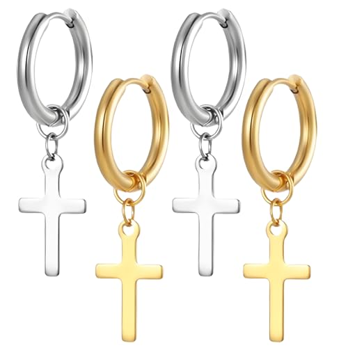 LuLiyLdJ 2 Pares Pendientes Cruz, Colgantes Unisex Religión, Acero Inoxidable Cruz Colgante Pendientes de aro (Oro, Plata)