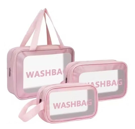 axaka Clear Washbag Travel Toiletry Bag Set, Pink, PU and PVC, Water Resistant, Large Capacity, Set of 3-picture-30