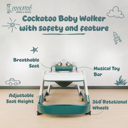 Image of Cockatoo FirstMove 3-in-1 Baby Walker - Adjustable Height (3 levels), Rocker, Push and Activity Walker with Musical Toy Tray & Light, 6 Lockable Wheels, Foldable, Safe for 6-18 Months, Up to 15 kg, Dark Green