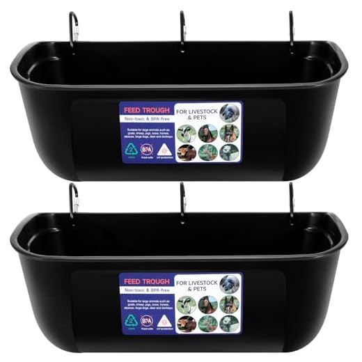 Goovilla Large Feed Trough, Hanging or Screw-in Fence Feeder with Clips, 2 Pack 9 Quart Goat Feeder Supplies, Dog Horse Hog Pig Livestock Poultry Plastic Feeder Trough Bucket for Large Animal, Black