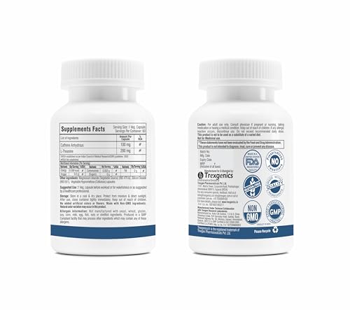 Image of Trexgenics L-THEANINE 200 mg, CAFFEINE 100 mg Cognitive Function, Refresh, Focus, Mood, Endurance Support (Theanine 200mg + Caffeine 100mg (60 Veg Caps))