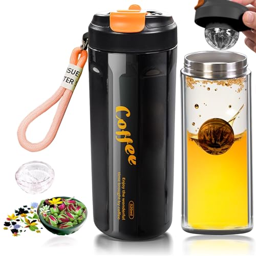 Tea Brewer Thermos with Infuser | Magnetic Tea Ball Design for Loose Tea Infusion Time Control | Magnetic Suction Switch | Hot Tea Maker Gift - Insulated Tumbler Travel Mug-17.6oz/520ml Black