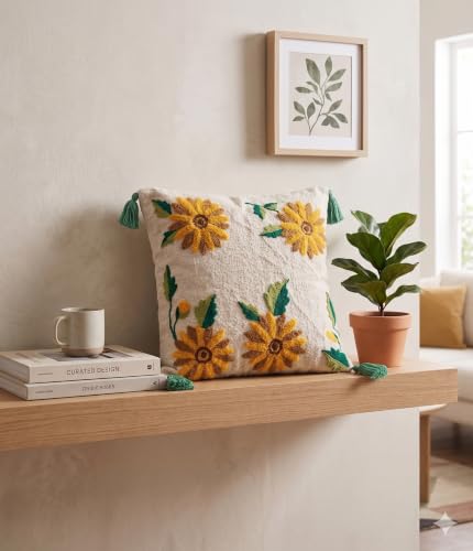 Image of Furnistitchs Handmade Cotton Bohemian Home Decor Cushion Cover 24x24 inches / 60x60 cms - Boho Chic Couch Sofa Throw Living Room Bedroom Cushions (1, Yellow Floral Buds)