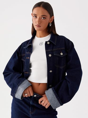 Women's Classic Collared Folded Cuffs Dark Indigo Denim Jacket2