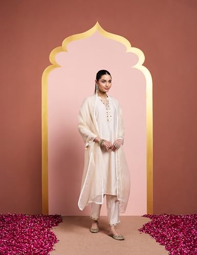 Image of Amazon Brand - Myx Women's Embroidered Kurta Pant Set with Organza Dupatta | Salwar Suit (Available in Plus Sizes)