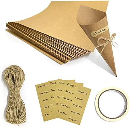 40 Cone Kraft Paper Tubes, Creative Cone Vintage Kraft Paper Cones with 40 Hemp Rope + 40 Stickers + 1 Roll of Double Sided Adhesive for Wedding or Party Decoration