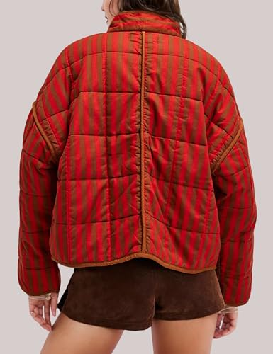 InterNos Womens Quilted Jacket Lightweight Winter Striped Stand Collar Padded Puffer Cardigan Coat with Pockets2