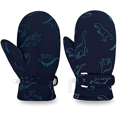 Bonu Kids Ski Gloves - Snowboard Mittens Dinosaur Pattern Fleece Lining Waterproof Windproof Thermal Winter Snow Gloves Warm Gloves for Skiing Snowboarding Boys Girls (Navy, S( 1-2 Years)) Cover