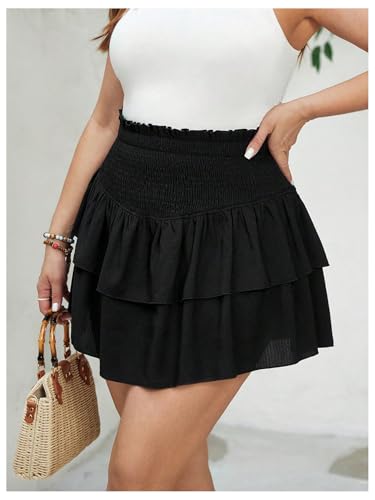 OYOANGLE Women's Plus Size Shirred Ruffled Mini Skirt Elastic High Waist Tiered Casual Short Skirts4