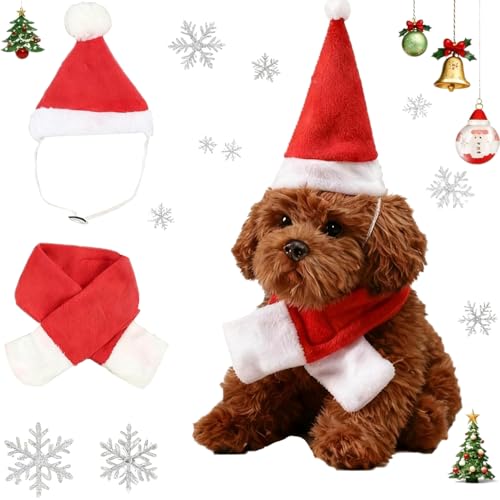 Jecdfs Conjunto de Disfarce Natalino para Gato, Traje de Natal Gato Disfarce de Cachorro Papai Noel, Bufanda de Natal para Cães, Chapéu Vermelho com Bufanda de Papai Noel – Traje Festivo Ajustável com