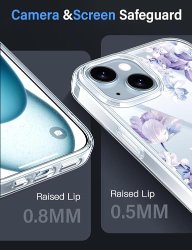 Image of VONZEE Clear Transparent Flower Cover for iPhone 15 Case Shockproof Floral Design Full Camera Protection Shockproof PC+TPU Cover Clear Transparent Flower Case for Girls & Women 6.1 inch (Purple)