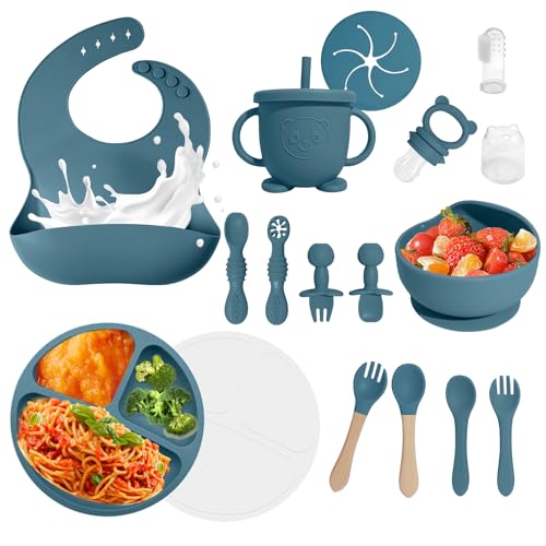 Baby Led Weaning Supplies, 17 Piece BPA-Free Silicone Feeding Set, Eating Essentials Baby Utensils with Suction Plate and Bowl, Pocket Bib, Sippy Cup with Lid, for 6+ Months, Blue