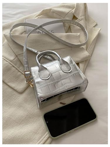 GORGLITTER Women's Small Crossbody Bag Mini Purse Metallic Crocodile Print Double Handle Satchel Shoulder Bag Purse3