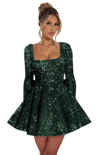 Long Sleeve Short Homecoming Dresses for Teens 2025 Sparkly Sequin A Line Square Neck Prom Dress with Bow