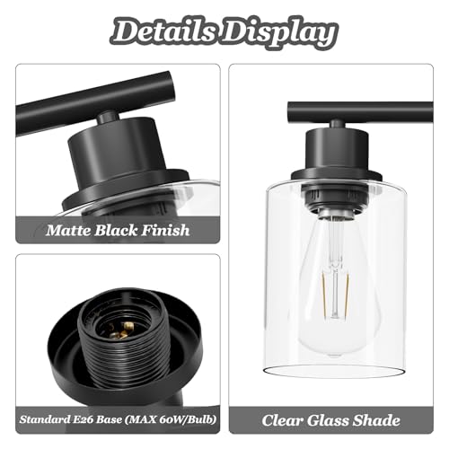 Image of 3-Light Black Vanity Lights, E26 Modern Bathroom Light Fixtures with Clear Glass Shade, Wall Lamps for Mirror Kitchen Hallway Cabinet Living Room Sconces Lights