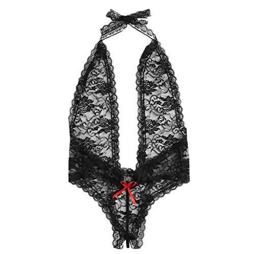 Womens Open Back Halter Plunging Teddy,Comfortable Scalloped Trim Lace Lingerie Babydoll Bodysuit One Piece Sleepwear Black