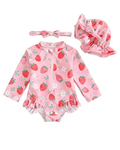 UV Badebekleidung Baby Badeanzug Mädchen Gr 62-98, Langarm UV Kleidung Baby UV Shirt Mit Hut & Stirnband, Kleinkinder UV Anzug Schwimmanzug Schutz, Rosa Erdbeere 12-18 Monate/80