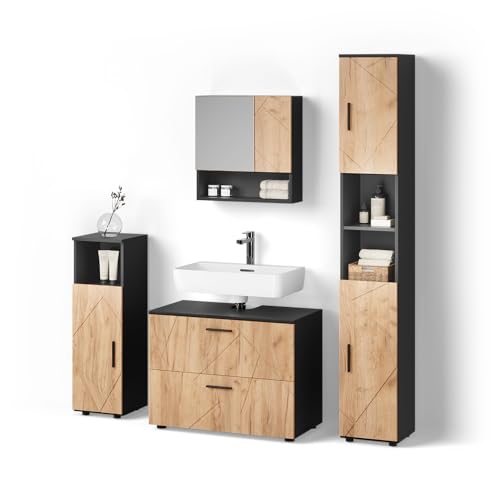Livinity Badmöbel-Set Ronco, Goldkraft Eiche/Anthrazit, 4 Teile, mit Schubladenschrank und Hochschrank