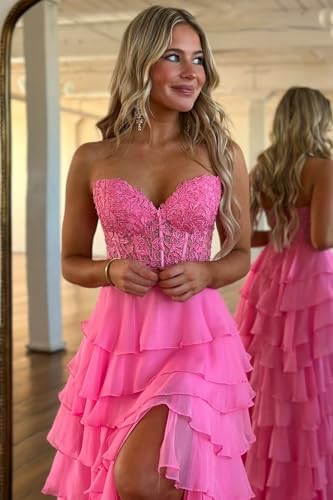 Chiffon Prom Dress for Women Lace Applique Tiered A-Line Formal Evening Gowns with Slit BOF1763