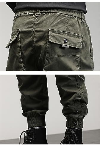 Hndudnff Men's Multi-Pocket Pants Casual Cotton Cargo Pants Drawstring Ankle Length 9 Part Trousers4