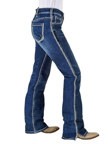 Flamingals Jeans feminino elástico moderno bordado controle de barriga levanta bumbum jeans flare, Azul marinho intenso, P
