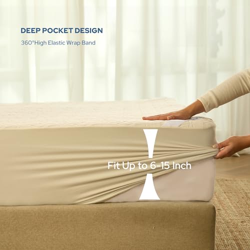 Image of BEDLORE Waterproof Mattress Protector, Queen Size Noiseless Mattress Pad with Deep Pocket 6 inch-18 inch Depth, Soft Breathable Bed Mattress Cover Washable for Home, Bedroom, Hotel (Beige)