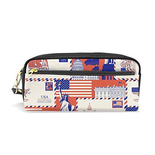 RGFDF Astuccio portamatite Astuccio USA Cartoline tematiche Simboli americani Stile retrò Cerniera Cartoleria Astuccio Borsa Scuola Ufficio Studenti Pelle sintetica Durevole 7,8 pollici