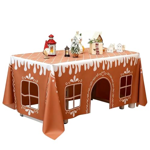 Gingerbread House Christmas Tablecloth Reusable Washable Gingerbreads Table Cover Gingerbread Playhouse Table Cloth Hidden Childrens Playground Gift for Winter Holiday Dining Party (119 *150 cm)
