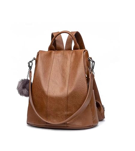 myfriday Vintage Faux Leather Backpack for Women, Soft Rucksack Backpack with Anti-Theft Pocket Convertible Shoulder Handbag (Brown)
