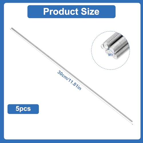 5 Pcs Fully Threaded Rod 304 Stainless Steel Right Hand Threads Rods M3 x 300mm Fully Studding Rod for Anchor Bolts Clamps Hangers U Bolts RC Car