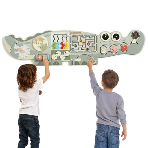 Panel de pared sensorial de cocodrilo y tablero de actividades de madera verde infantil