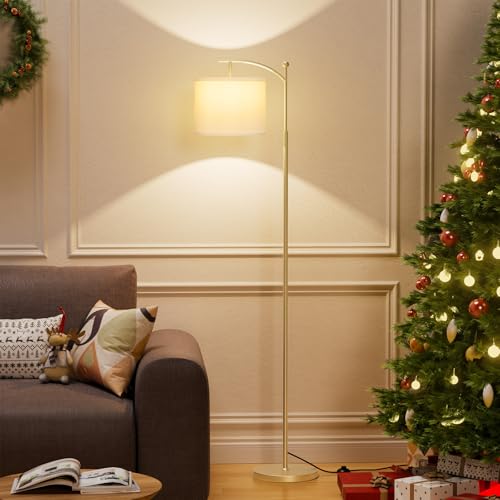 Image of Ambimall 60 inch Floor Lamp for Living Room with 3 Color Temperatures, Adjustable White Shade with Gold Pole, Tall Lamp for Bedroom Office Classroom Dorm Room, 9W LED Bulb Included