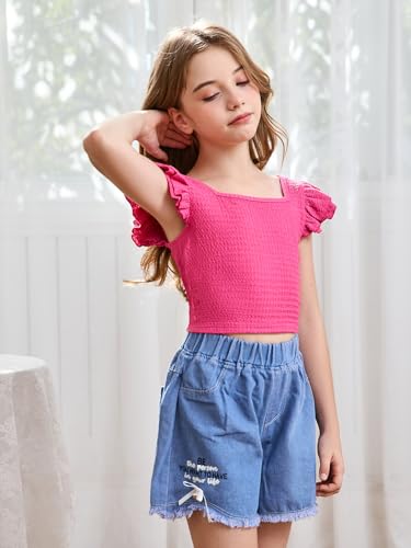 Image of OYOANGLE Girl's Casual Solid Ruffle Trim Cap Sleeve Square Neck Cute Crop Tank Tops T-Shirts