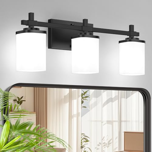 Listado de Iluminación para tocador favoritos de las personas. 41 Spiglamm 3 luces de tocador negras para baño con pantallas de vidrio esmerilado cuadrado blanco, modernas luces de baño respetuosas con los ojos para espejo, iluminación de...