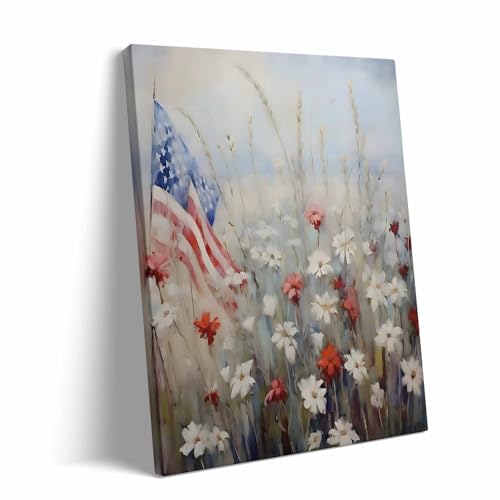 Image of Memorial Day Canvas Print, Patriotic American Flag Wildflowers Oil Painting, Red White Blue Field Poster Framed Art, USA Independence Day Artwork for Living Room or Porch Decor 20x24inch