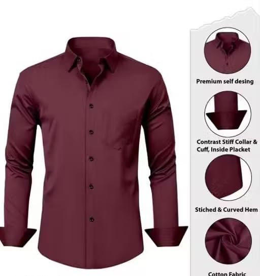 Image of Men Plain Collared Casual Shirt Comfortable Breathable Regular Fit Modern Stylish Everyday Office Outfit