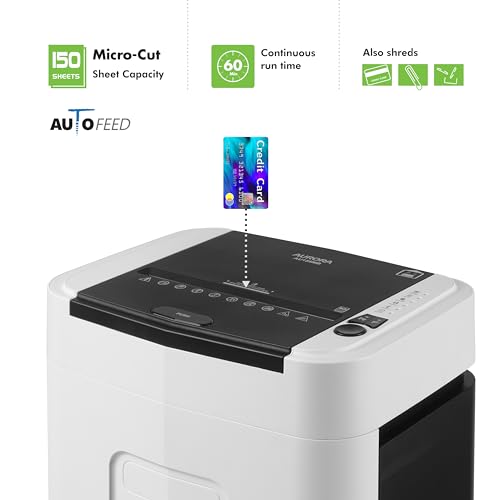 aurora high security 150-sheet auto feed micro-cut paper and credit card shredder with 63 gallon pullout basket  60 minutessecurity level p-4