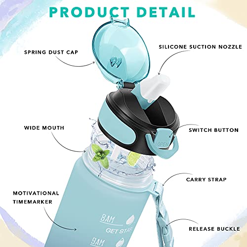 Enerbone 32 oz Drinking Water Bottle with Times to Drink and Straw, Motivational with Carrying Strap, Leakproof BPA & Toxic Free, Ensure You Drink Enough Water for Fitness Gym Outdoor