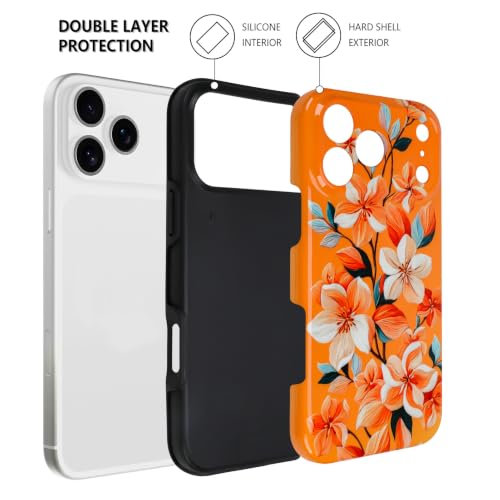 Image of Magnetic for iPhone 17 Pro Max Case for Women Girl, Orange Floral | Stylish Flower Pattern Design [Compatible with MagSafe] [Full Camera Protection] 2-Layer Hybrid Shockproof Glossy Phone Case