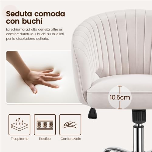 Poltroncina/Sedia da Ufficio Scrivania Ergonomica in Velluto Imbottita a Rotelle Girevole Reclinabile Altezza Regolabile Crema - Sedia gaming - Immagine 3