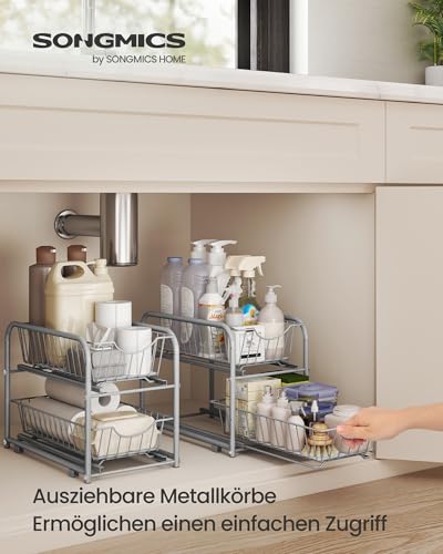 SONGMICS Küchen-Organizer, Küchenregal, Ordnungssystem, 2 Ebenen, stapelbar, erweiterbar, mit Metallkörben, für Küche, Badezimmer, taubengrau KCS017E01V1