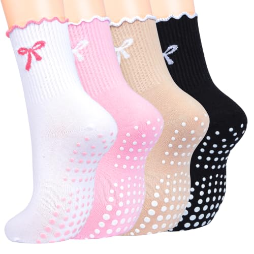 Image of Toes Home Pilates Socks for Women with Non Slip Grippers, Yoga Crew Socks for Barre Hospital Sticky Slipper Socks 4 Pairs