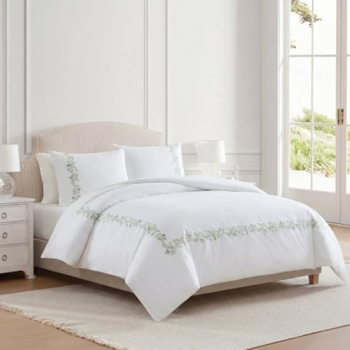 Image of Martha Stewart - Queen Comforter Set, Soft Cotton Front with a Smooth Cotton Percale Reverse, 3 Piece Bed Set with Matching Pillowcases (Garden Path Embroidery Green)