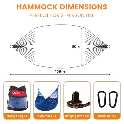Image of Lazy Daze Hammocks Handwoven XL Mayan Hammock, 10.5 FT Soft Rope Double Hammocks, Portable Outdoor Hammock with Carry Bag, 2 Straps & Carabiners for Patio Outside, 550 lbs Weight Capacity, Blue