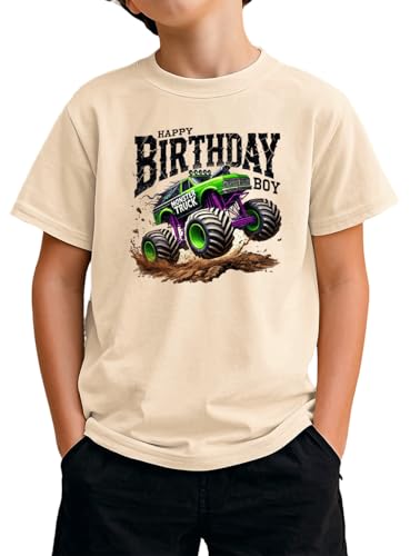 Birthday Boy Shirt Toddler Boys 2t 3t 4T 5T 6T Birthday Short Sleeve Monster Truck Funny T-Shirt Top (Beige 2 3-4T)