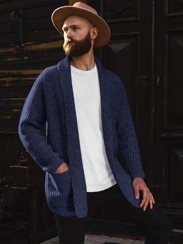 Image of Runcati Mens Shawl Collar Long Cardigan Casual Knit Open Front Sweater Fall Winter Thermal Cardigan Sweater