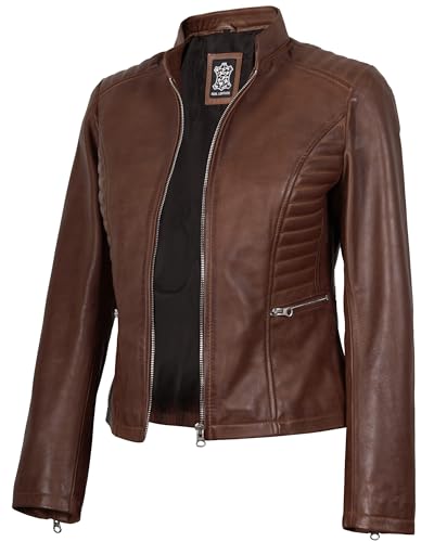 fjackets Leather Jacket Women - Cafe Racer Style Real Lambskin Womens Leather Jackets Stylish Stand Collar Leather Jackets